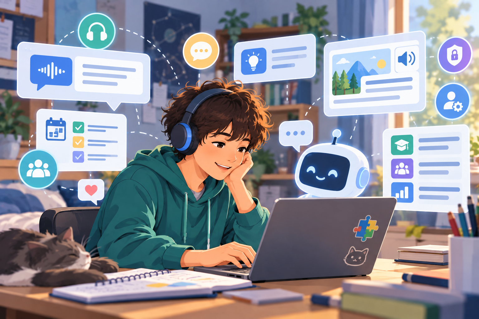 Illustration representing accessible AI-mediated technology supporting an autistic adolescent in educational and social interactions