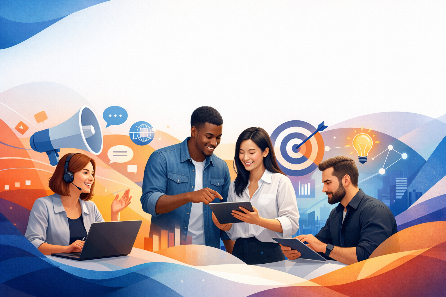 Illustration of four people collaborating on marketing work—one on a laptop with a headset, two reviewing a tablet together, and one checking analytics—surrounded by abstract icons for messaging, branding, and goals, with large white space above for a heading.