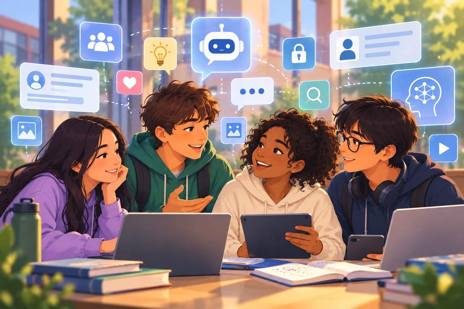 Illustration representing adolescents interacting with AI and personalized digital technologies and socializing as group